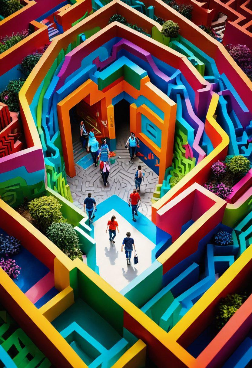 A family happily exploring a vibrant, colorful maze, with symbols of different types of insurance (health, life, auto) along the pathways. The maze should be inviting and sunny, with cheerful characters to represent family unity and protection. Include elements like guiding arrows and helpful signs to symbolize the guide aspect. super-realistic. bright colors. 3D.