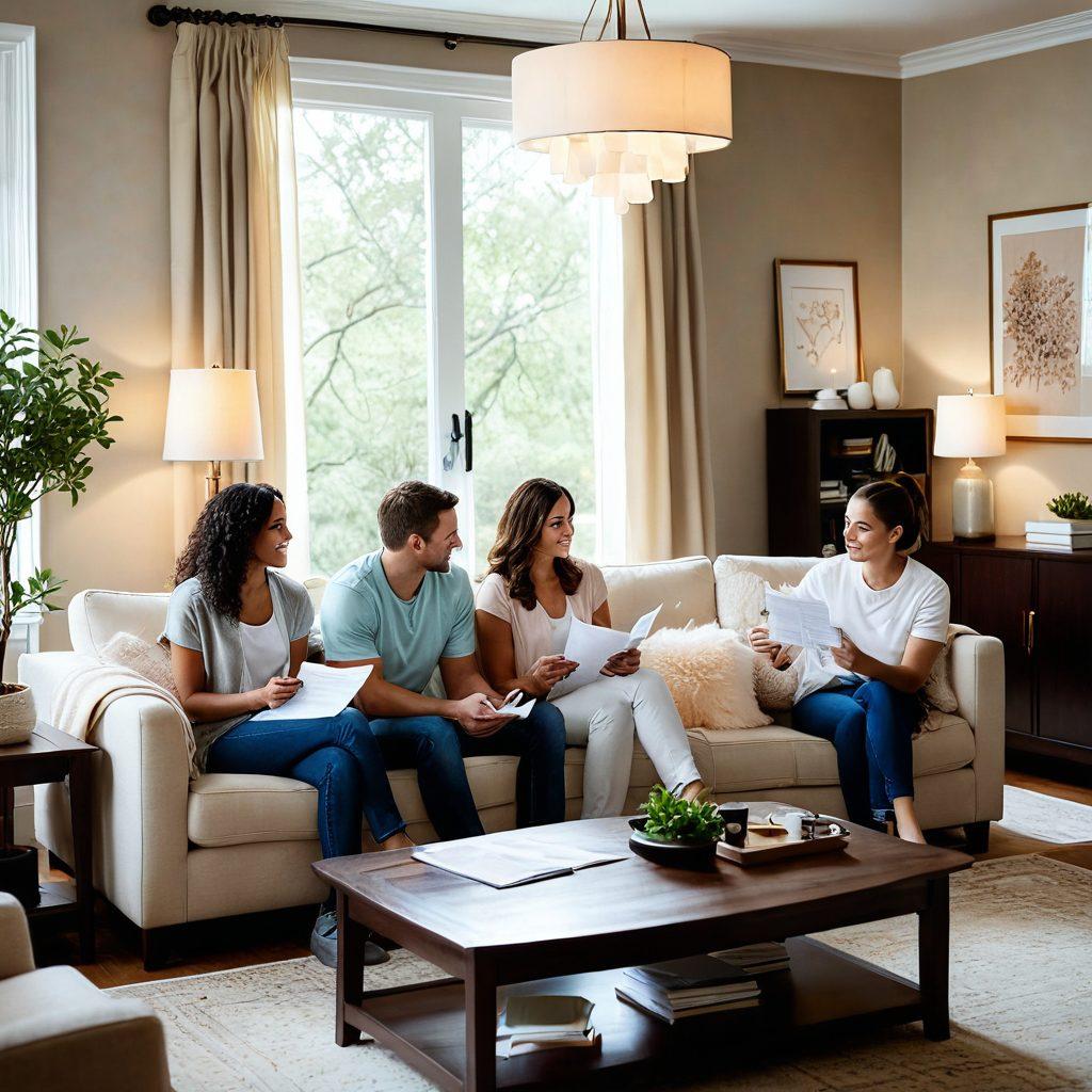 A serene family gathering in a cozy living room, surrounded by various insurance policy documents and quotes scattered on a coffee table. Visualize a comforting atmosphere with warm lighting, showing a shield icon symbolizing safety and protection above the family. Include soft colors to create a relaxing ambiance that represents trust and security in choosing insurance. super-realistic. warm tones. cozy atmosphere.
