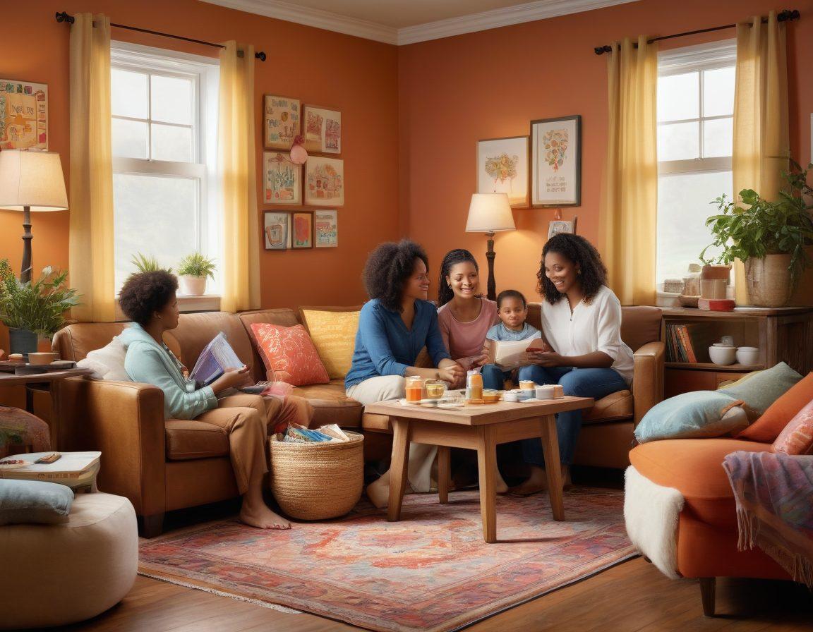 A warm family scene depicting diverse family members enjoying a cozy home environment, surrounded by symbols of health and protection like first aid kits, medical charts, and a 'Home Sweet Home' sign. There should be soft natural lighting to create an inviting atmosphere, with each family member engaged in an activity that reflects well-being and togetherness. Focus on inclusivity and warmth. super-realistic. vibrant colors. cozy ambiance.